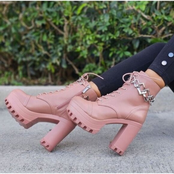 Women's Nude Platform Heel Boots Chunky Ankle Lace Up - Picture 1 of 6